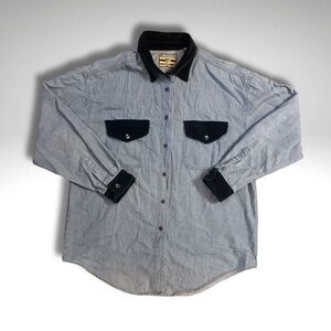Vintage Western Chambray Work Shirt w/ Dark Gre Velvet Contrast Collar & Pockets